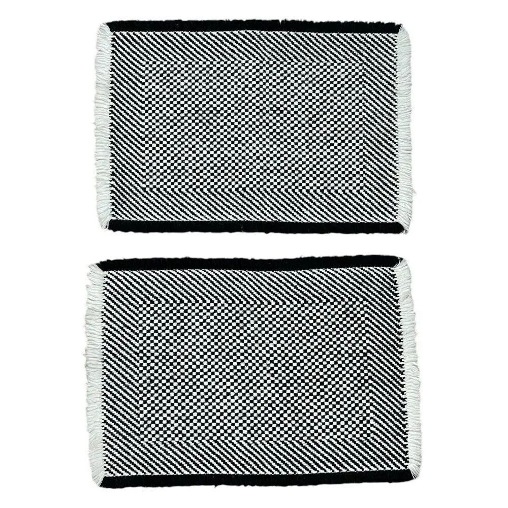 Vintage 1980s Woven Black & White Fringe Placemats Set 2 Checked 17 x 11 Unique
